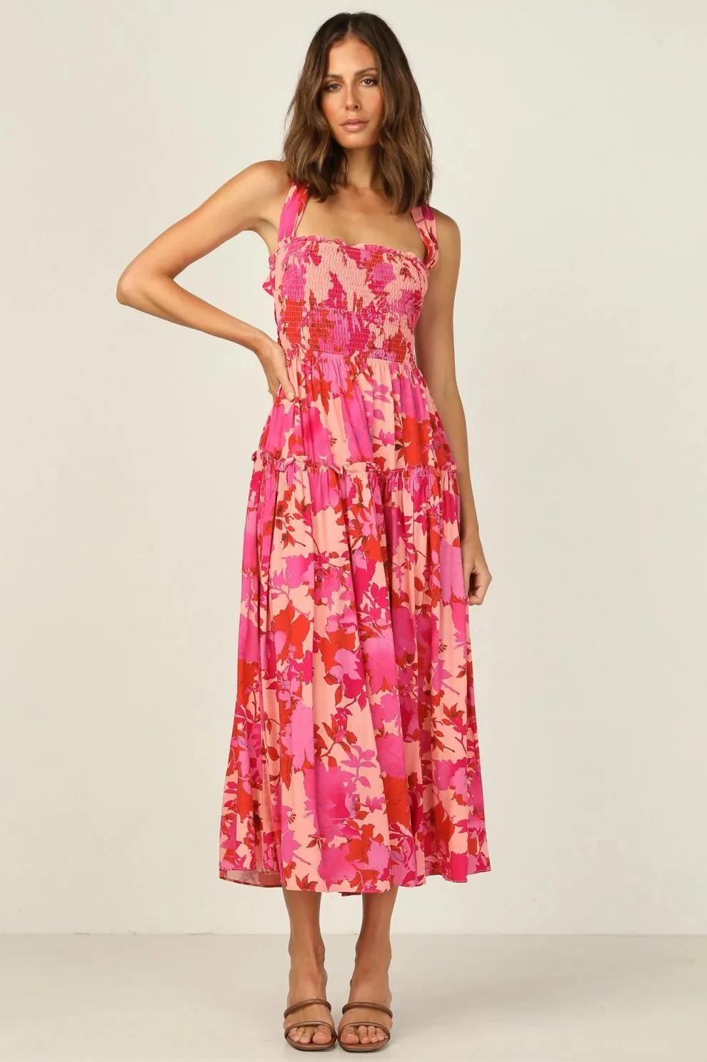 Edris Cotton Floral Tiered Midi Dress - Coral Pink