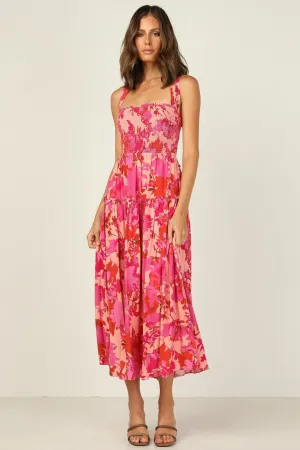 Edris Cotton Floral Tiered Midi Dress - Coral Pink