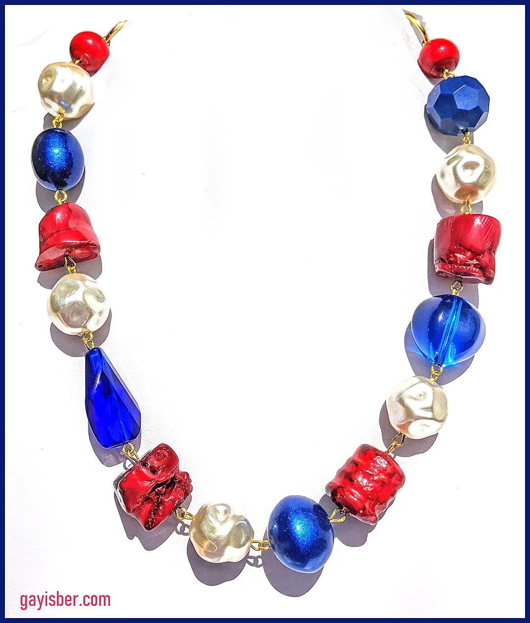 Election Collection 1-Strand of Red White Blue Vintage New Beads Handlinked Pearls 20 inches Necklace Gay Isber