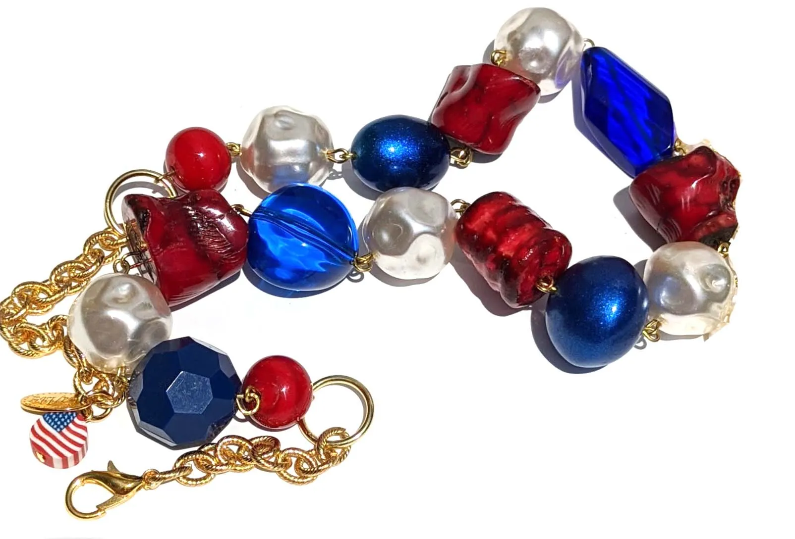 Election Collection 1-Strand of Red White Blue Vintage New Beads Handlinked Pearls 20 inches Necklace Gay Isber