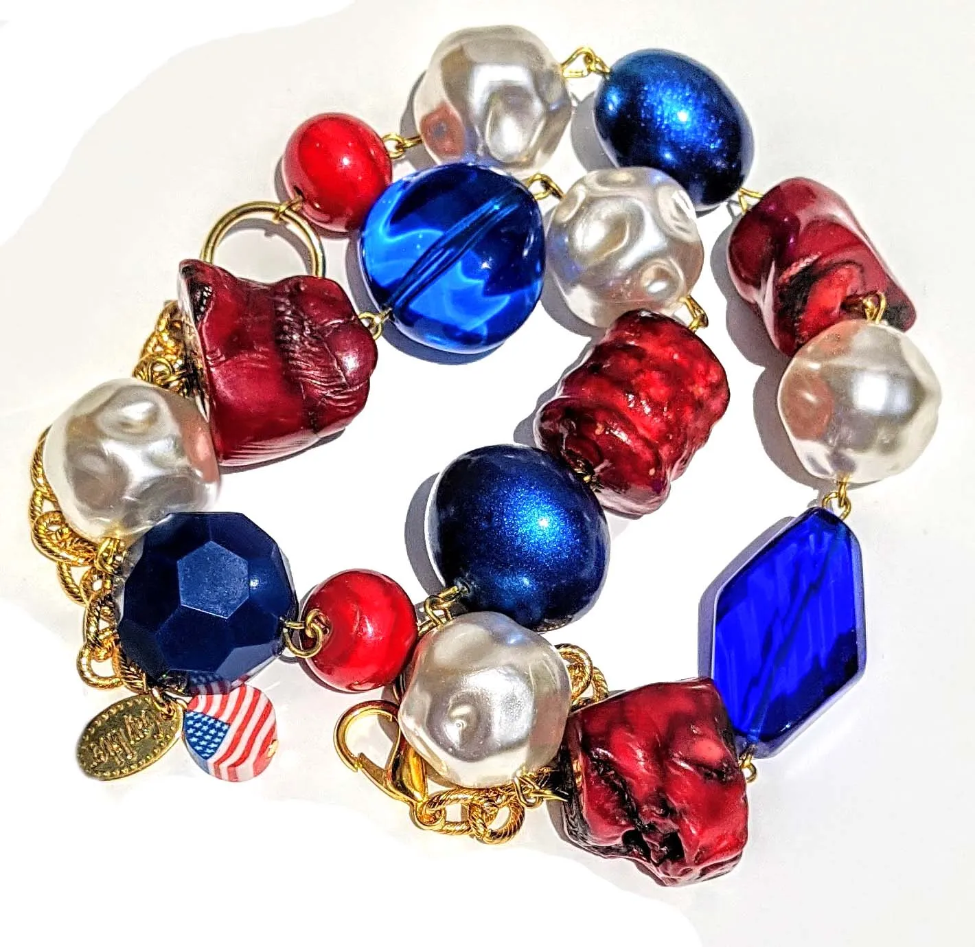 Election Collection 1-Strand of Red White Blue Vintage New Beads Handlinked Pearls 20 inches Necklace Gay Isber