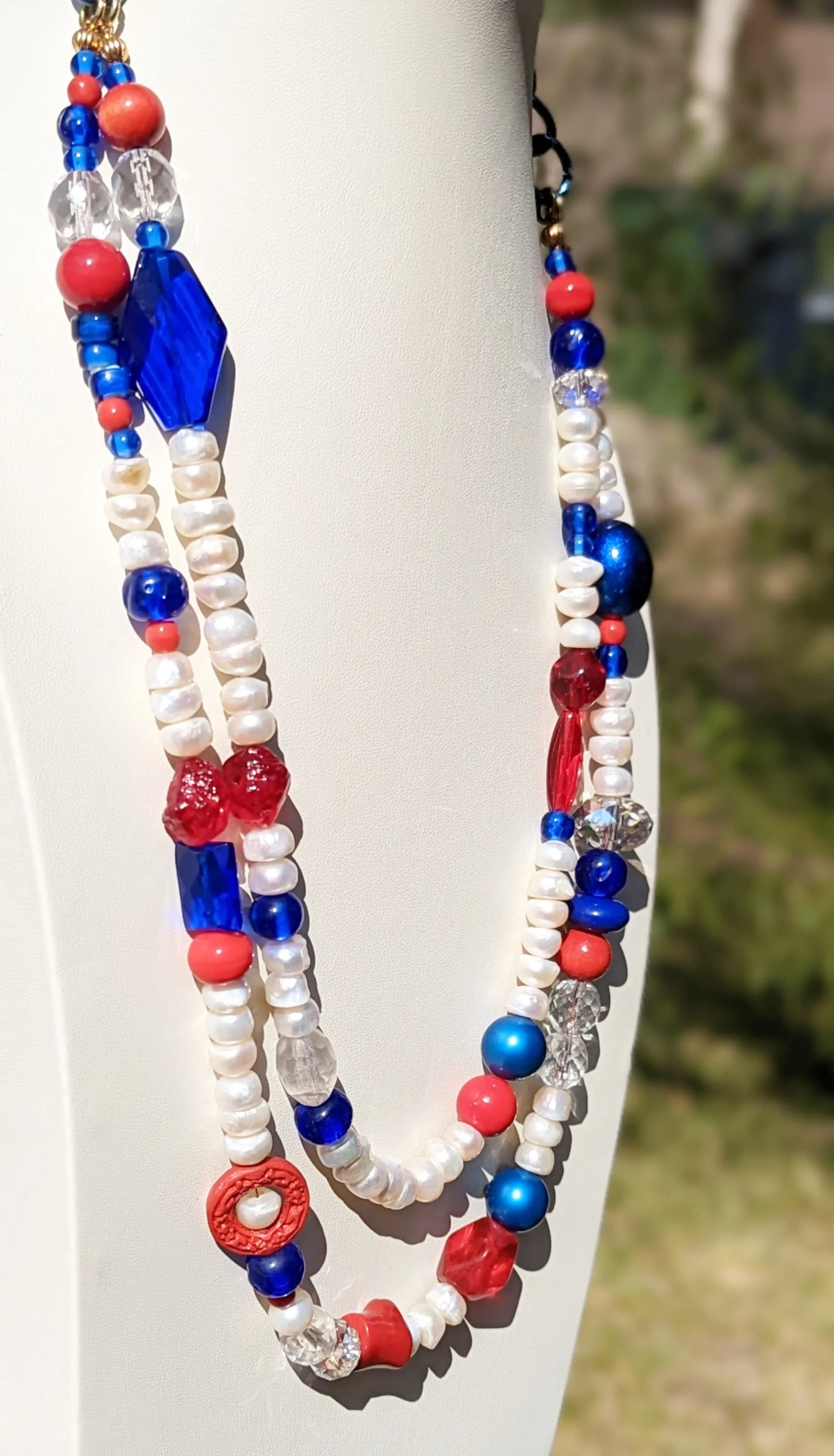 Election Collection Pearls 2 strands Red White Blue Statement Necklace 24 inches Gay Isber