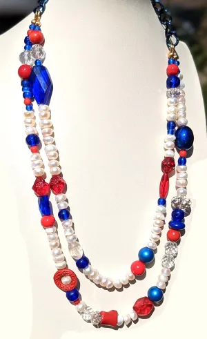 Election Collection Pearls 2 strands Red White Blue Statement Necklace 24 inches Gay Isber