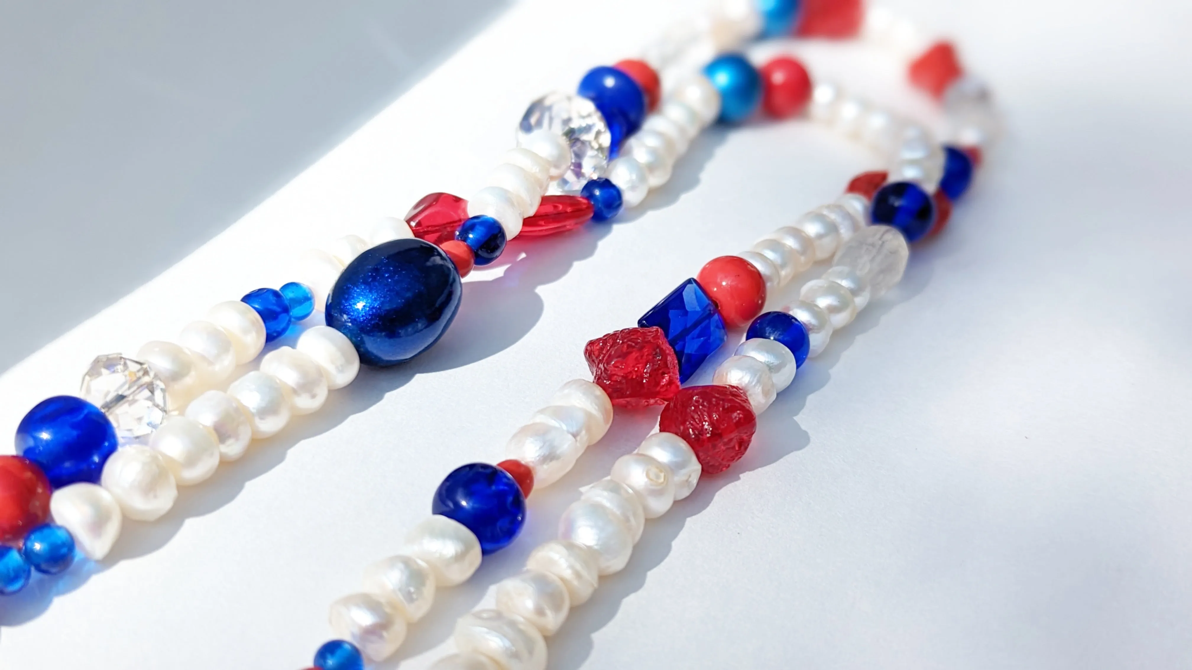 Election Collection Pearls 2 strands Red White Blue Statement Necklace 24 inches Gay Isber