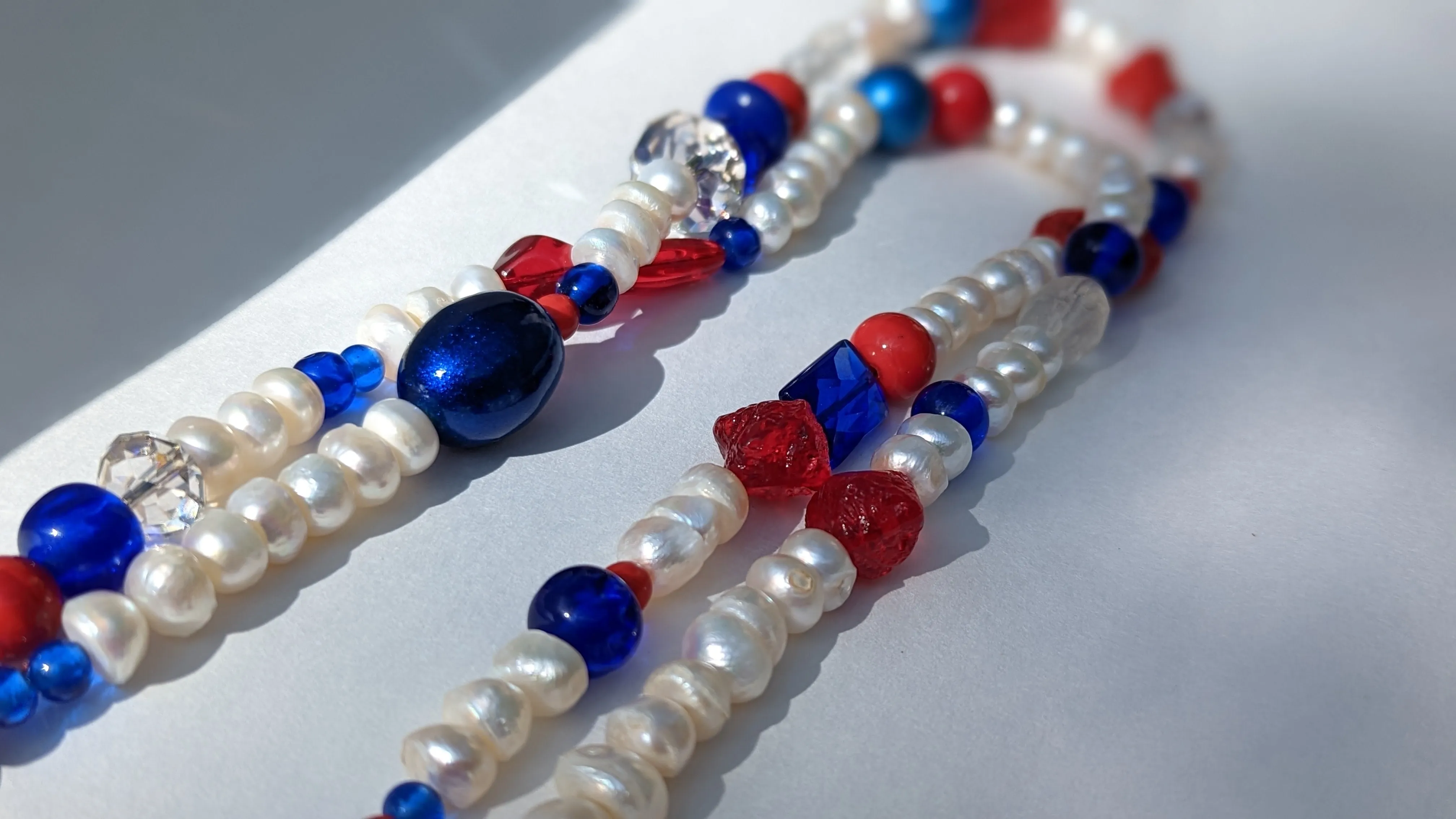 Election Collection Pearls 2 strands Red White Blue Statement Necklace 24 inches Gay Isber