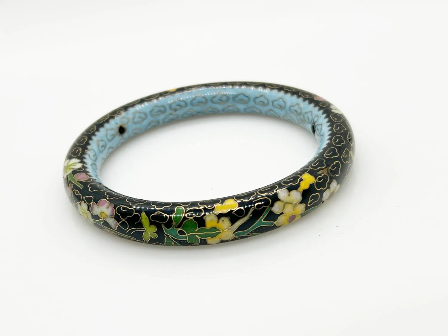 Elegant Black and Blue Floral Cloisonne Bangle Bracelet