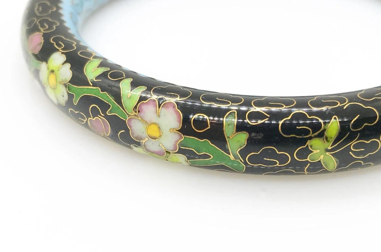 Elegant Black and Blue Floral Cloisonne Bangle Bracelet