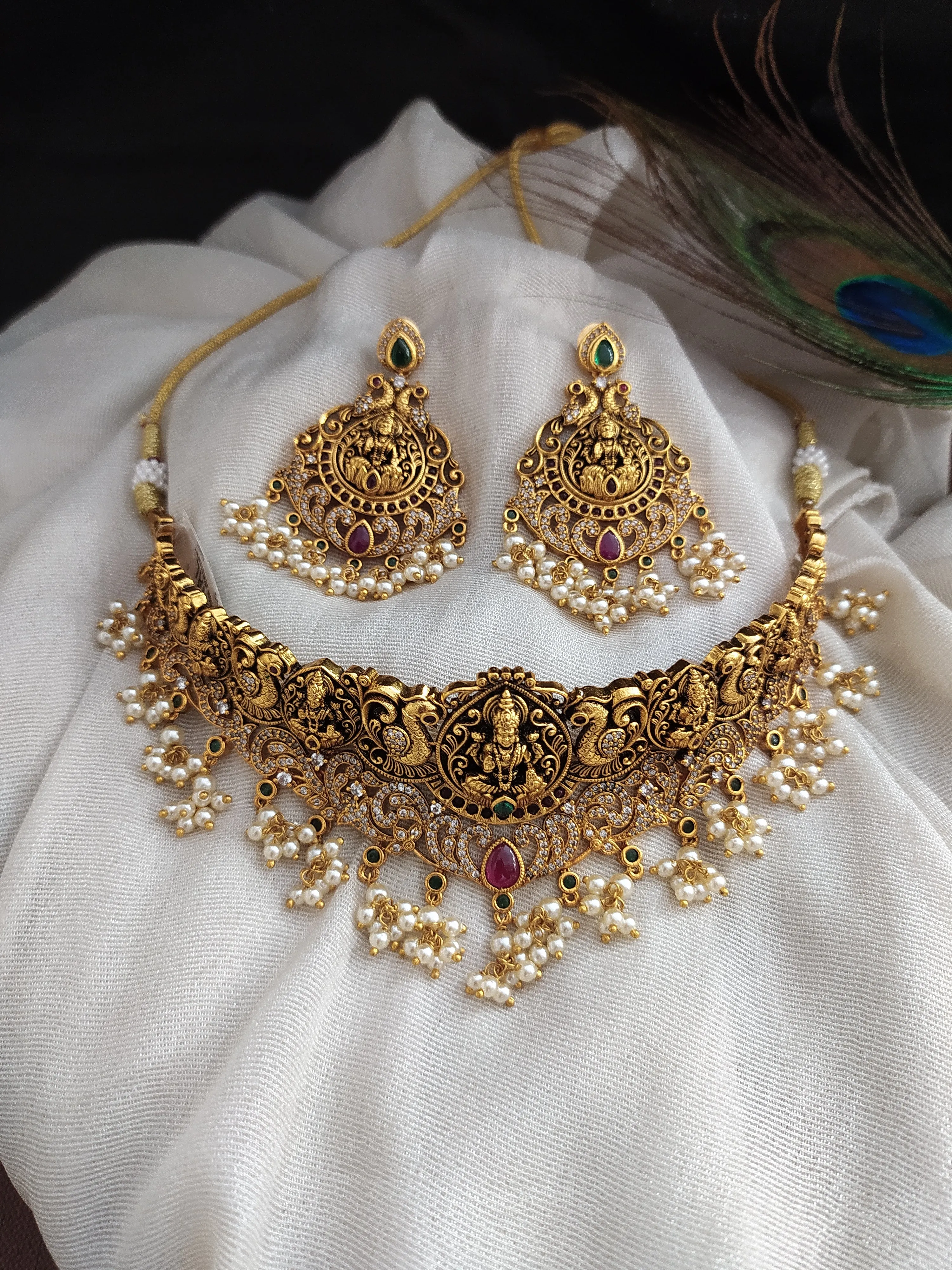 Embrace Divine Elegance With The Goddess Lakshmi Ji & Peacock Antique Choker Set