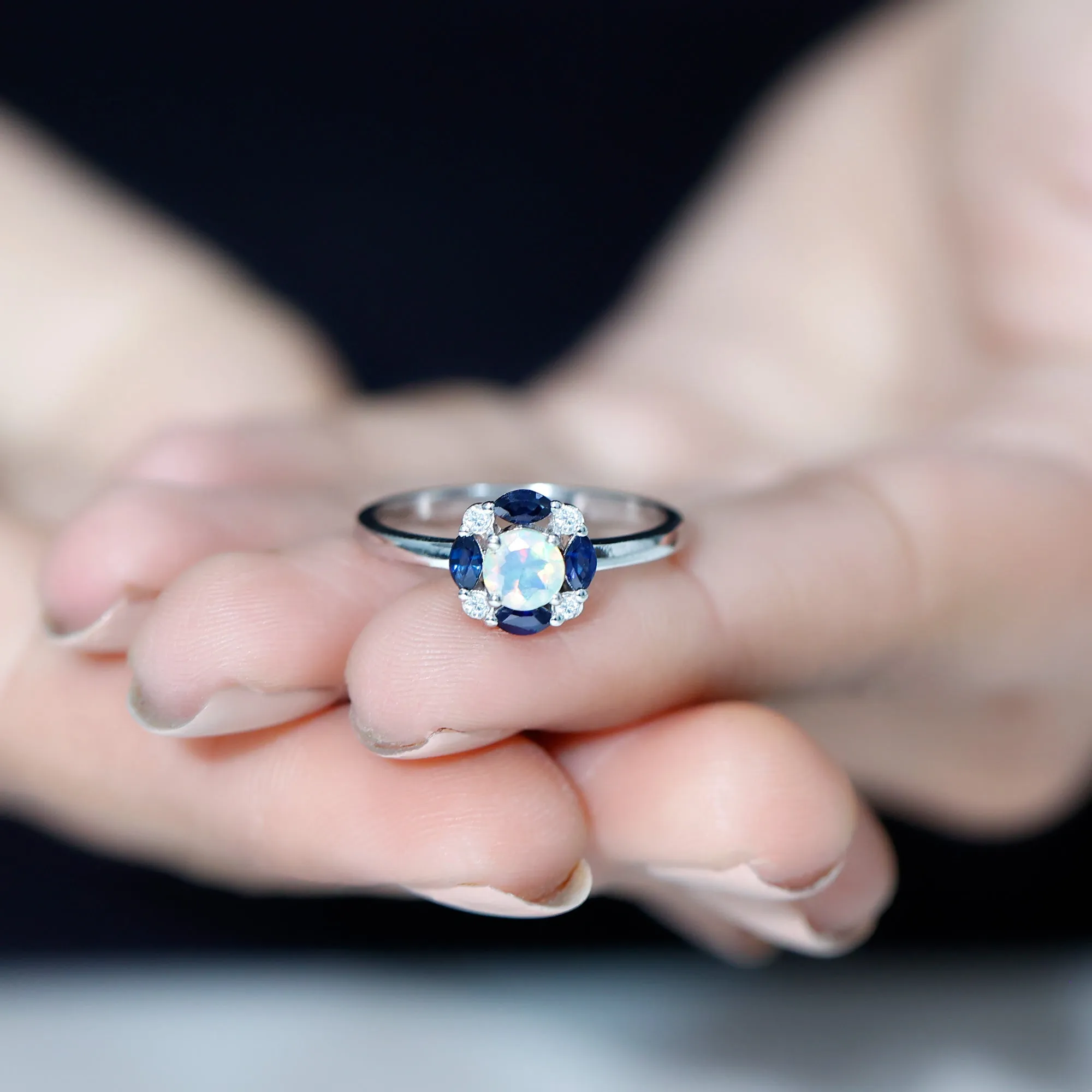 Ethiopian Opal Engagement Ring with Blue Sapphire and Moissanite