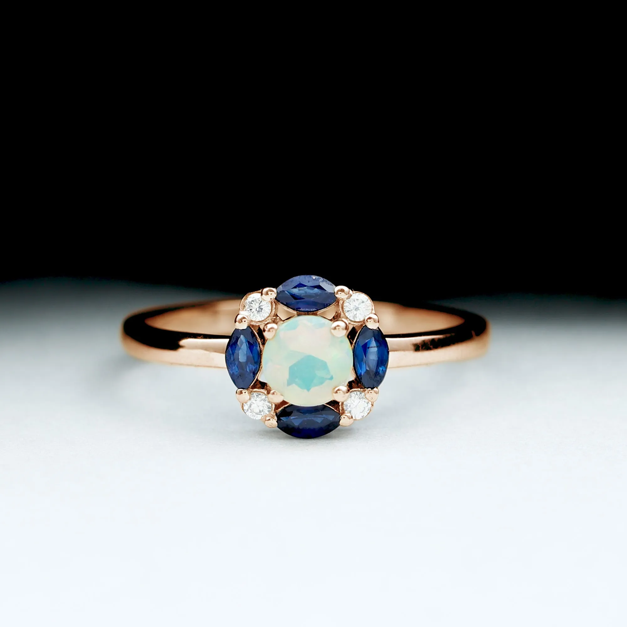 Ethiopian Opal Engagement Ring with Blue Sapphire and Moissanite