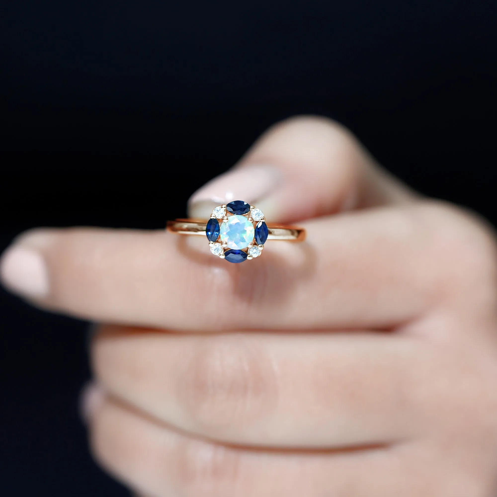 Ethiopian Opal Engagement Ring with Blue Sapphire and Moissanite