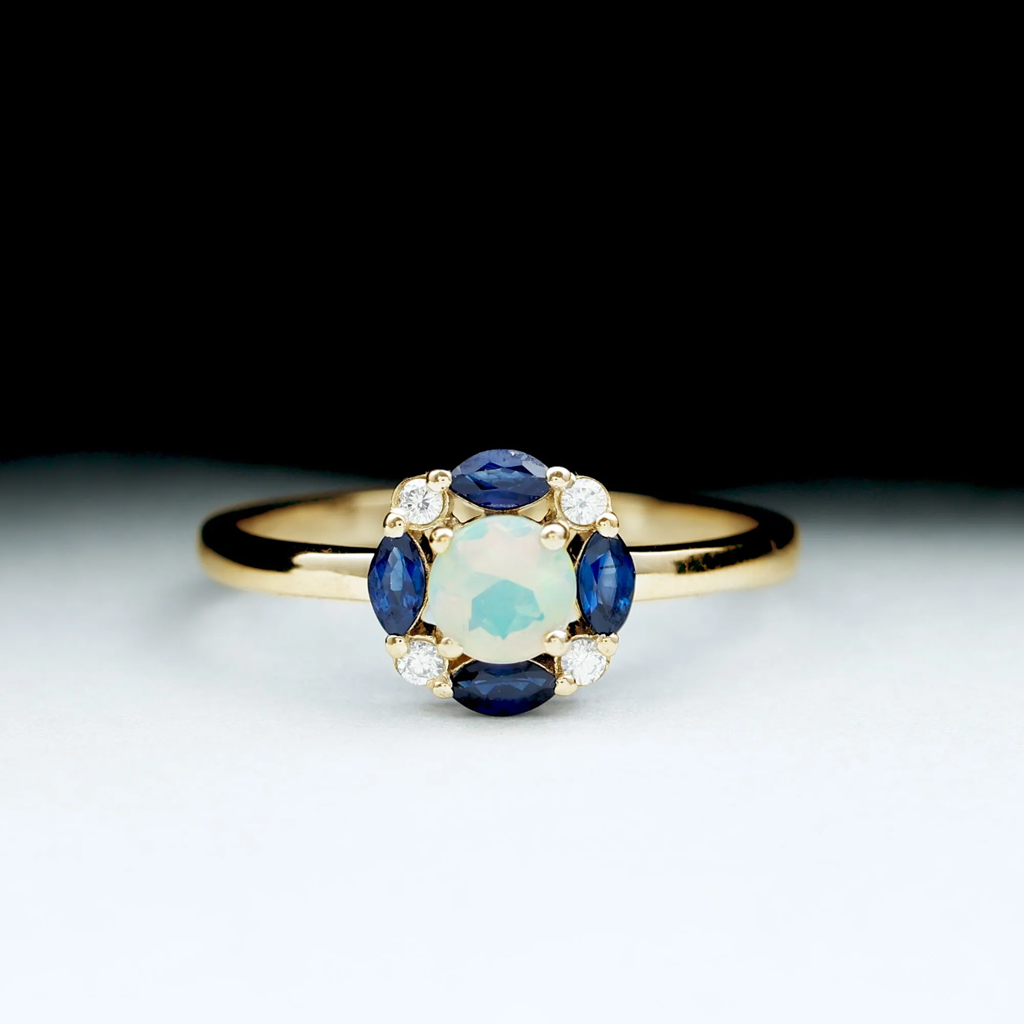 Ethiopian Opal Engagement Ring with Blue Sapphire and Moissanite