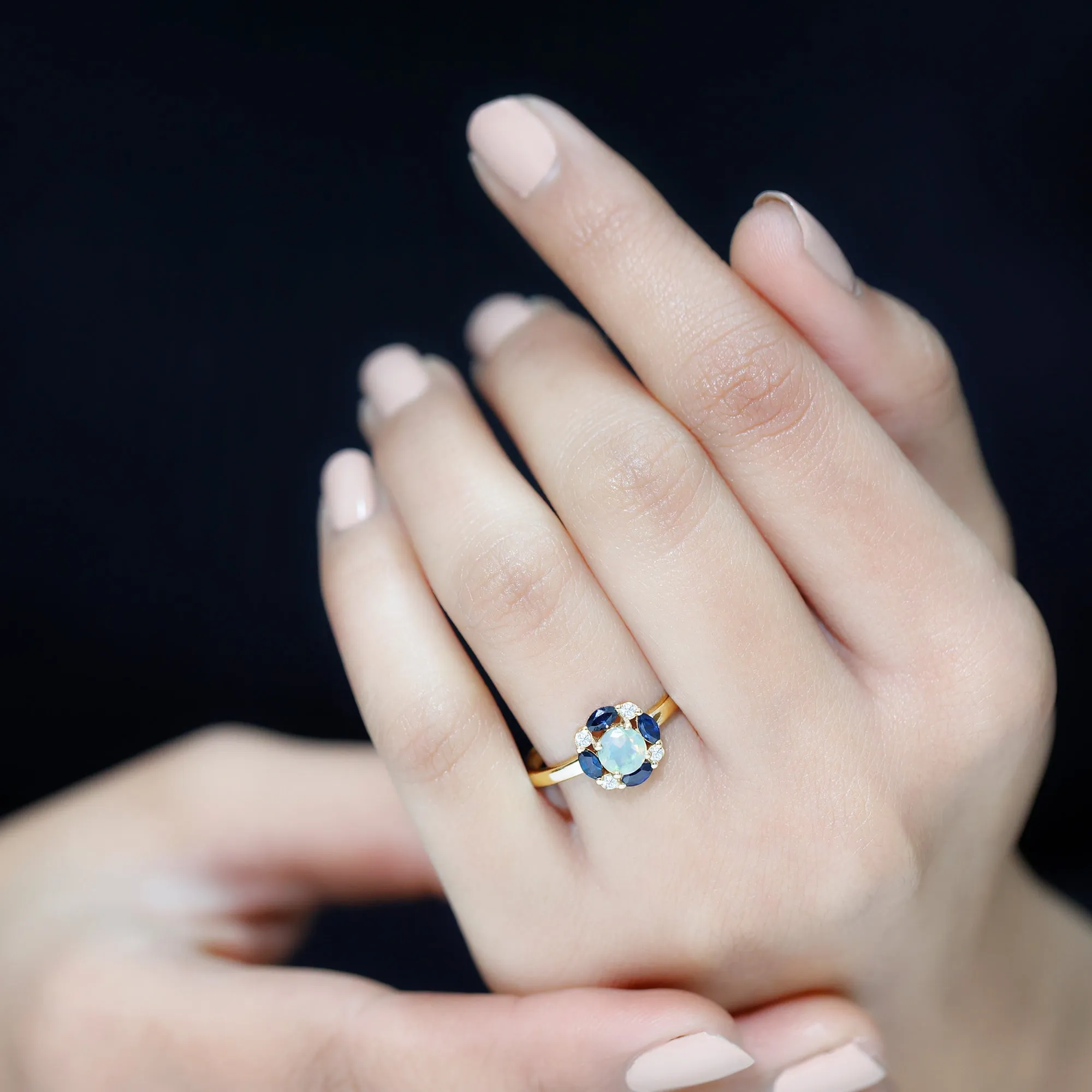 Ethiopian Opal Engagement Ring with Blue Sapphire and Moissanite