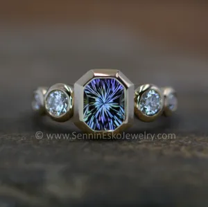 Five Stone Diamond Accented Multi Bezel Setting - Depicted with a Fantasy cut Tanzanite Octagon (Setting Only, Center Stone Sold Separately)