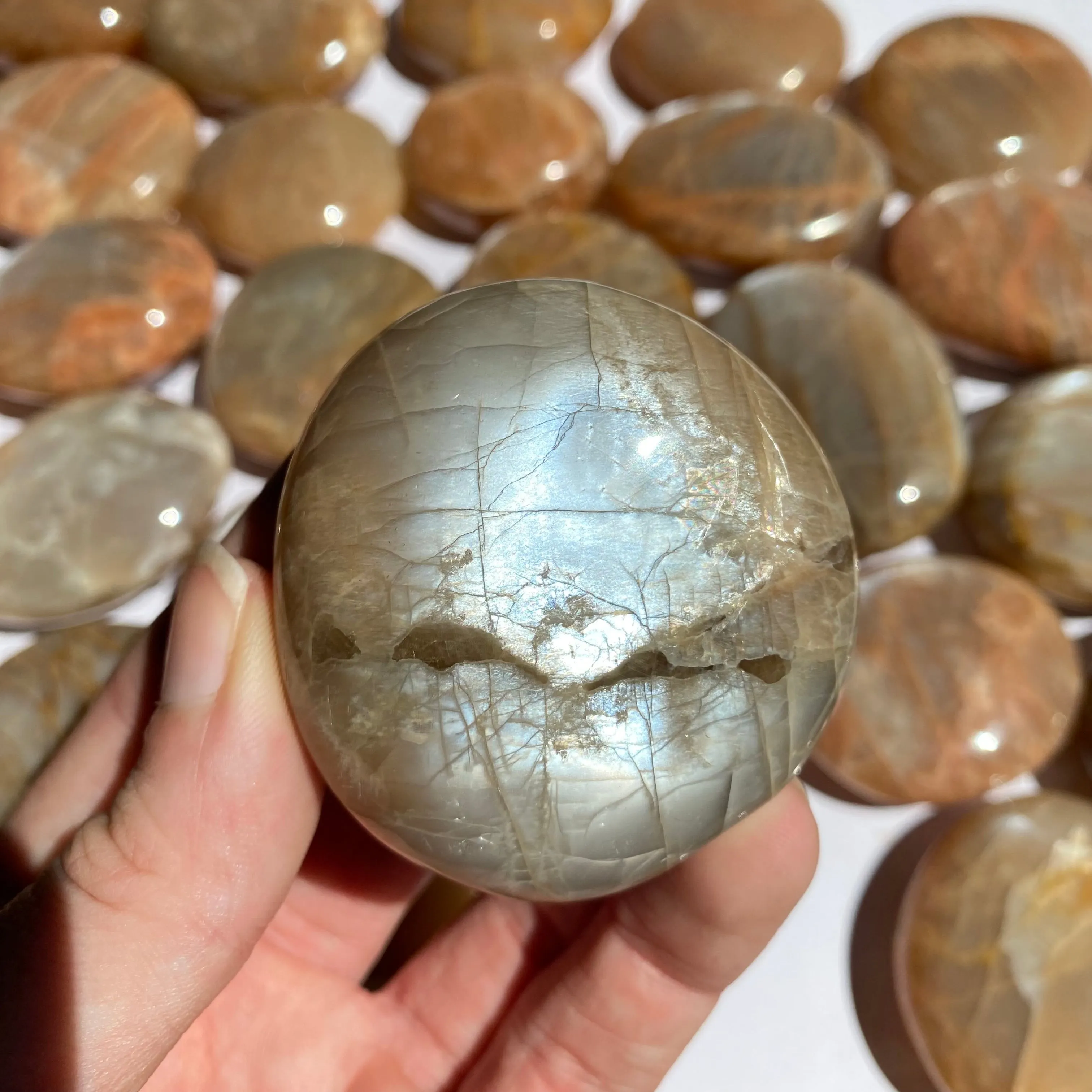 Flashy Peach Moonstone Palm Stone