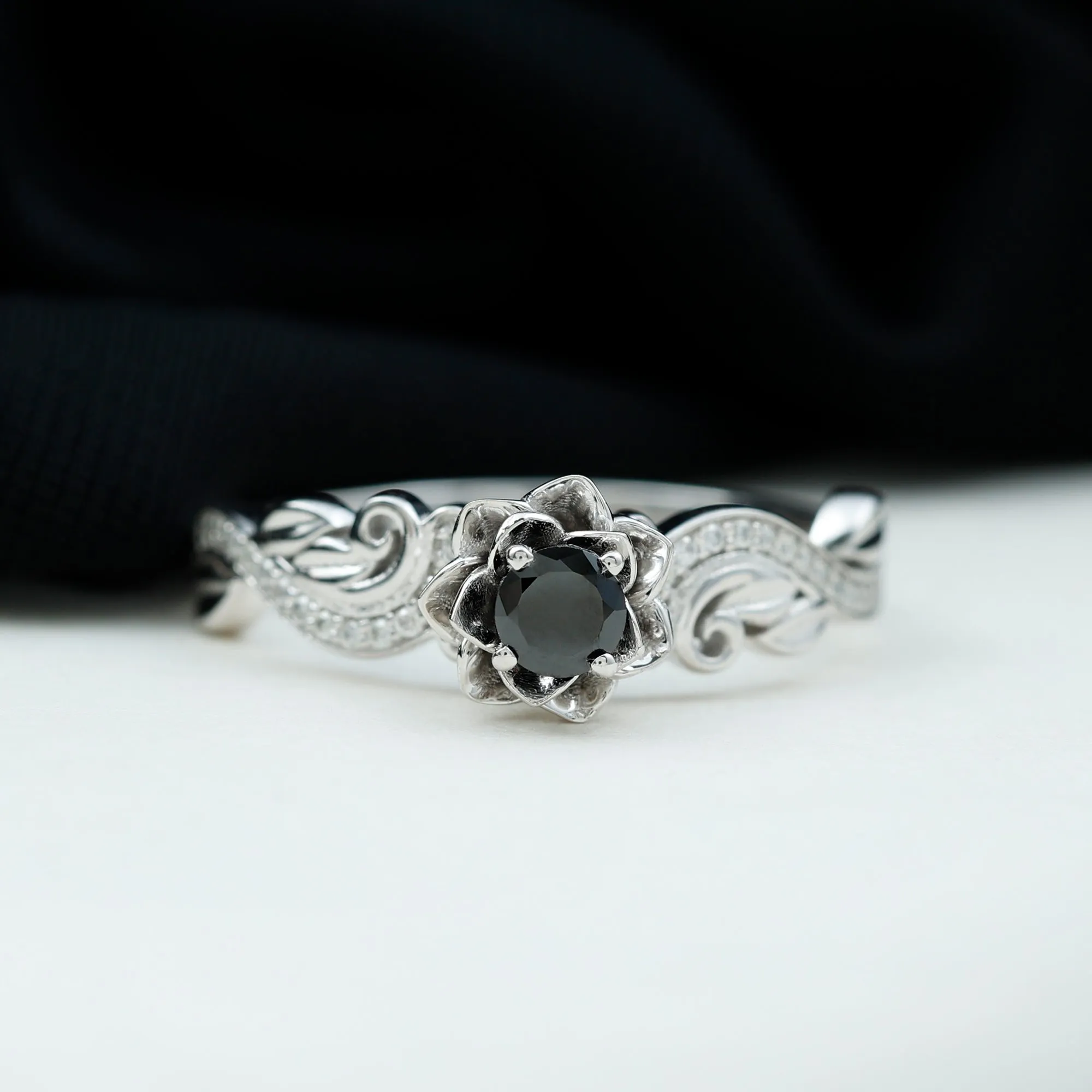 Flower Inspired Black Onyx and Diamond Engagement Ring