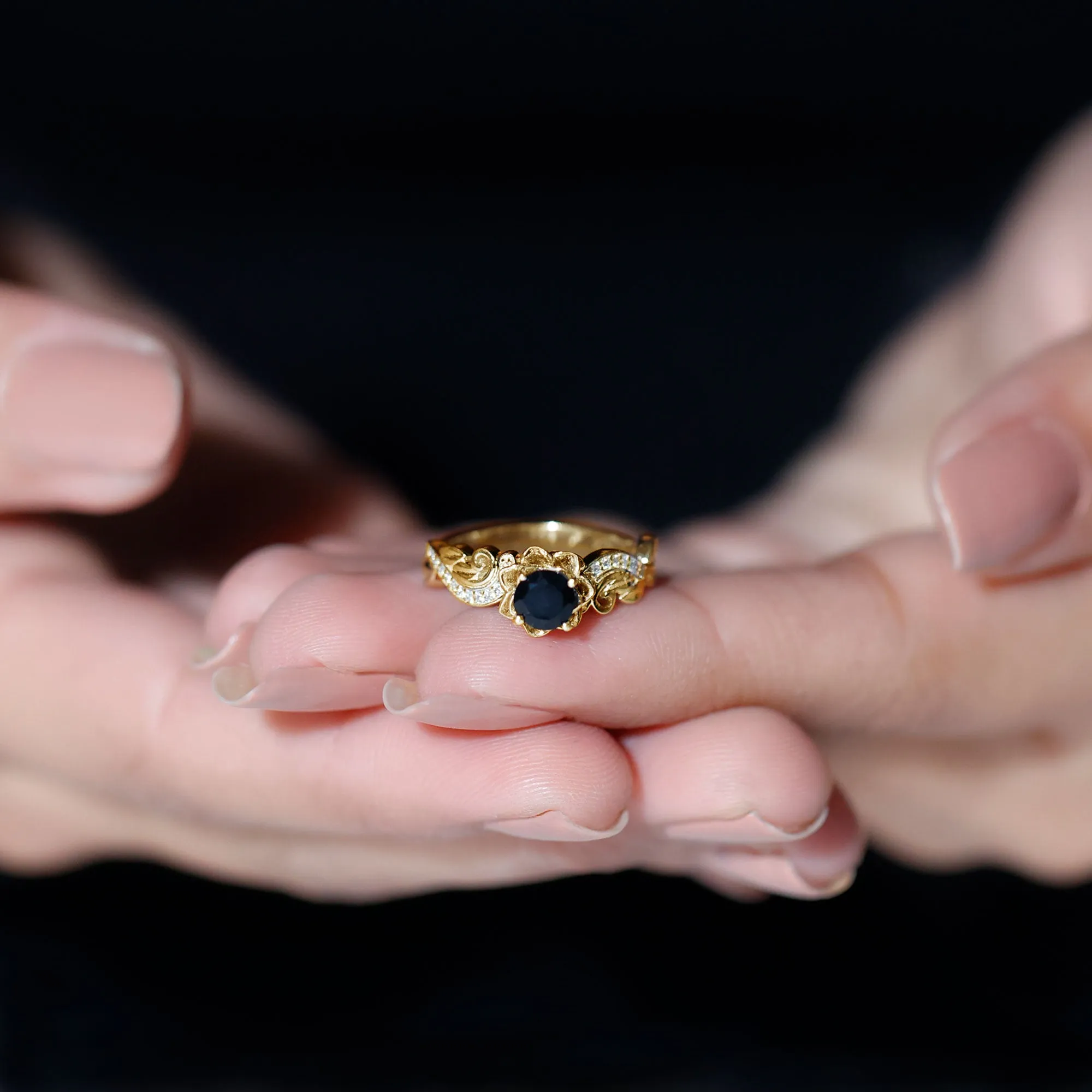 Flower Inspired Black Onyx and Diamond Engagement Ring