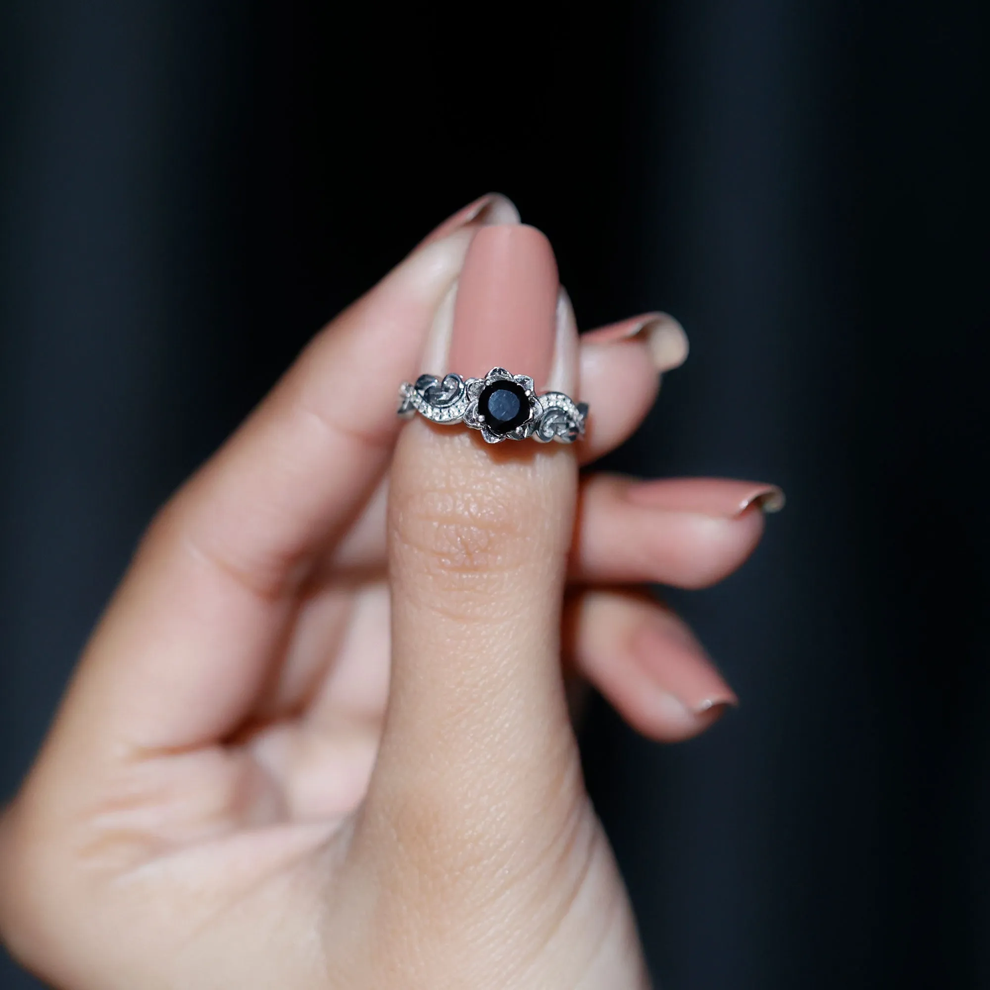 Flower Inspired Black Onyx and Diamond Engagement Ring