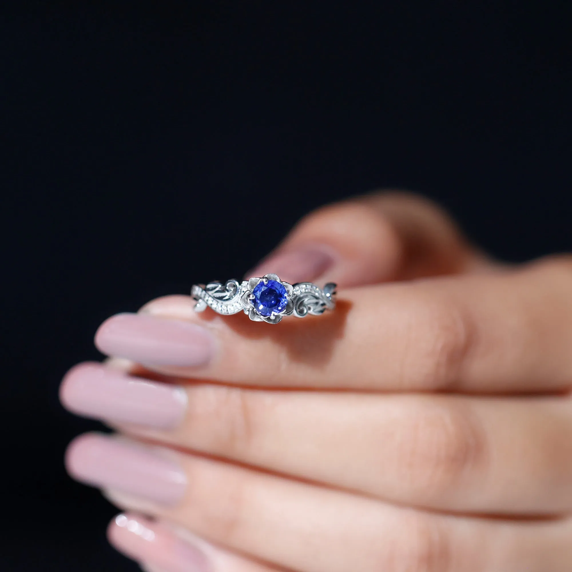 Flower Inspired Created Blue Sapphire and Diamond Engagement Ring