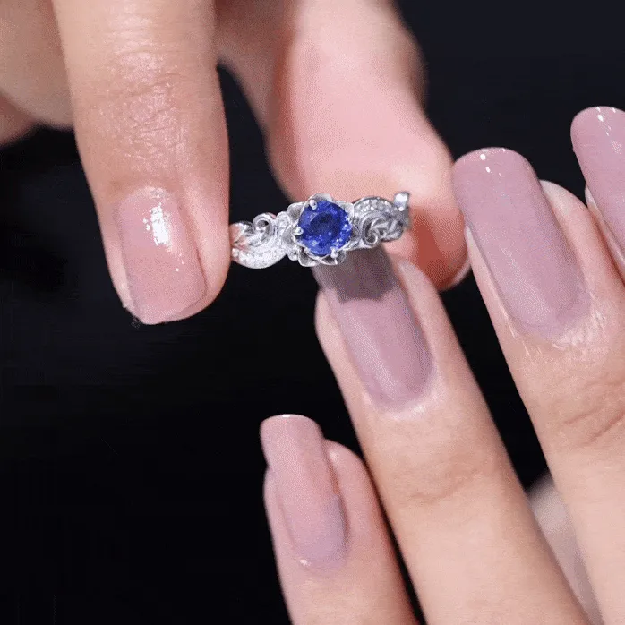 Flower Inspired Created Blue Sapphire and Diamond Engagement Ring