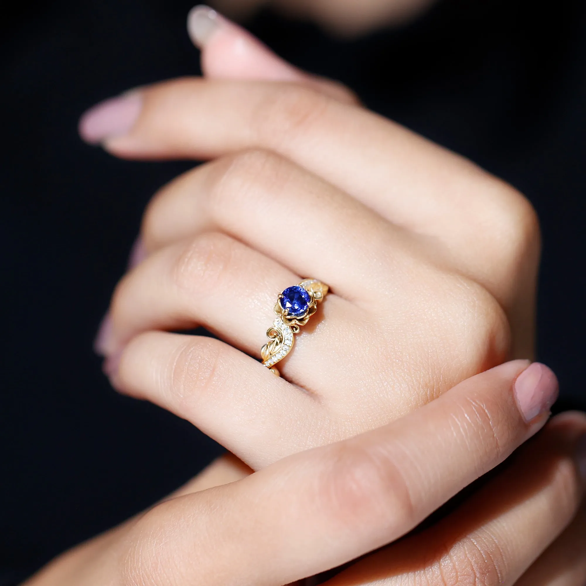 Flower Inspired Created Blue Sapphire and Diamond Engagement Ring