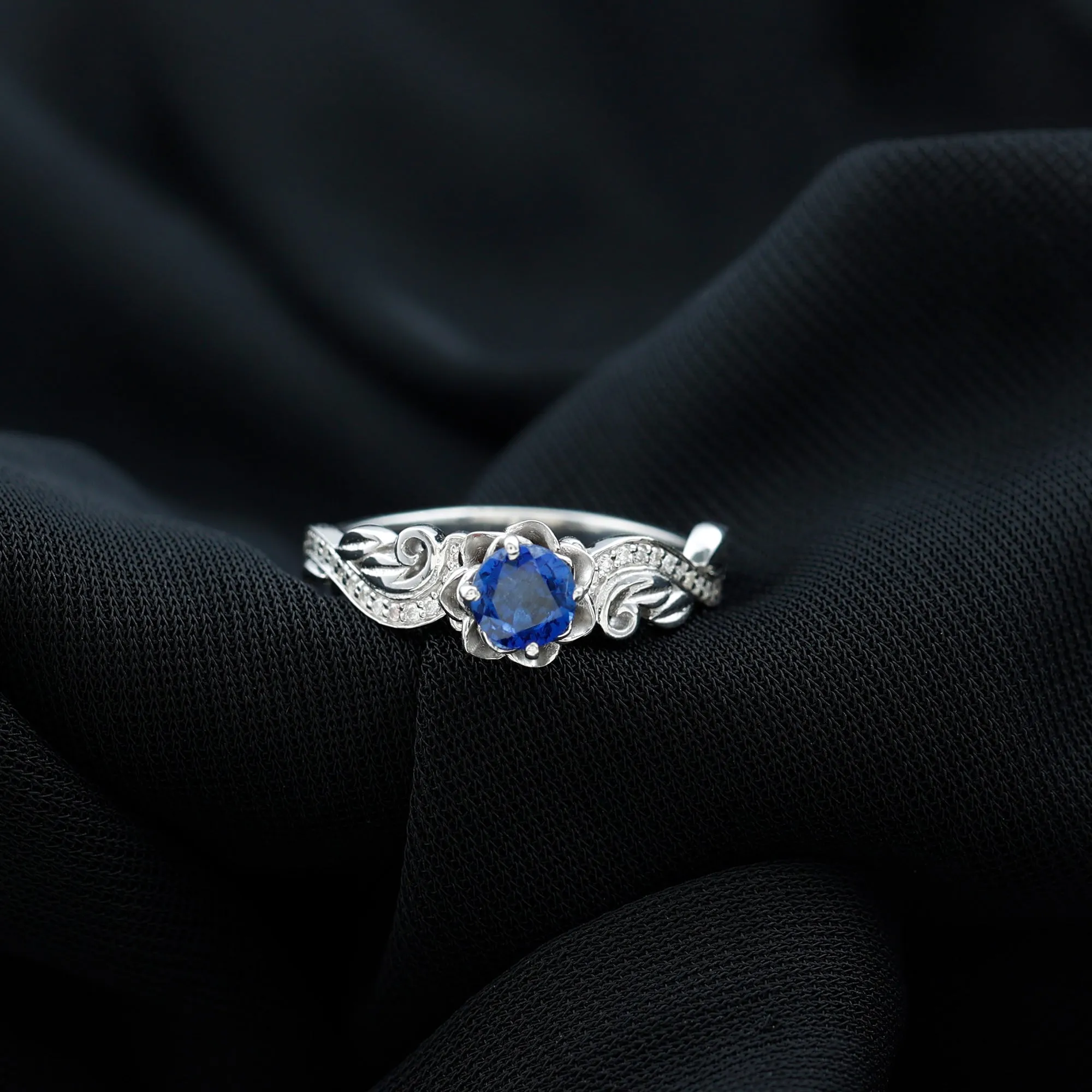 Flower Inspired Created Blue Sapphire and Diamond Engagement Ring