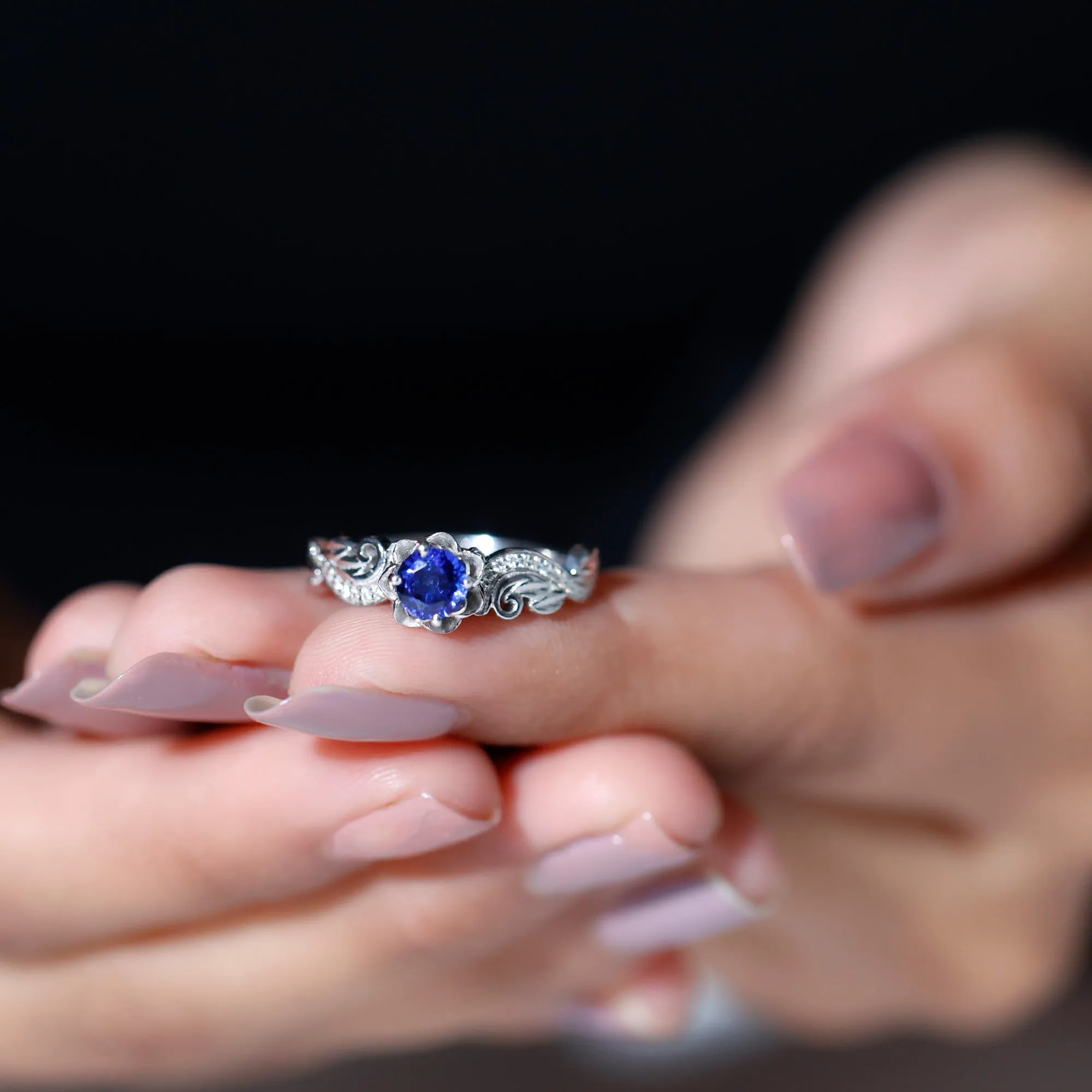 Flower Inspired Created Blue Sapphire and Diamond Engagement Ring