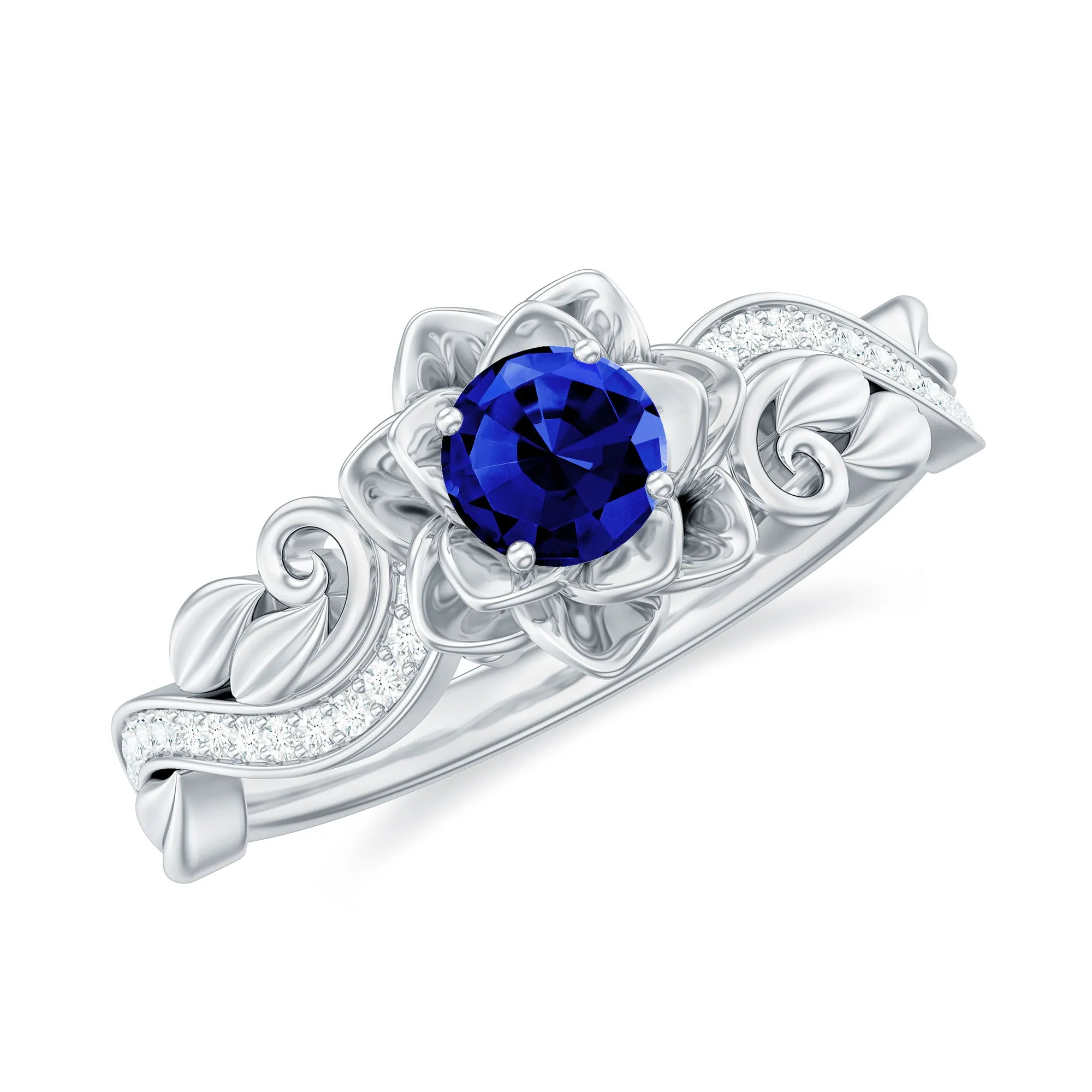 Flower Inspired Created Blue Sapphire and Diamond Engagement Ring