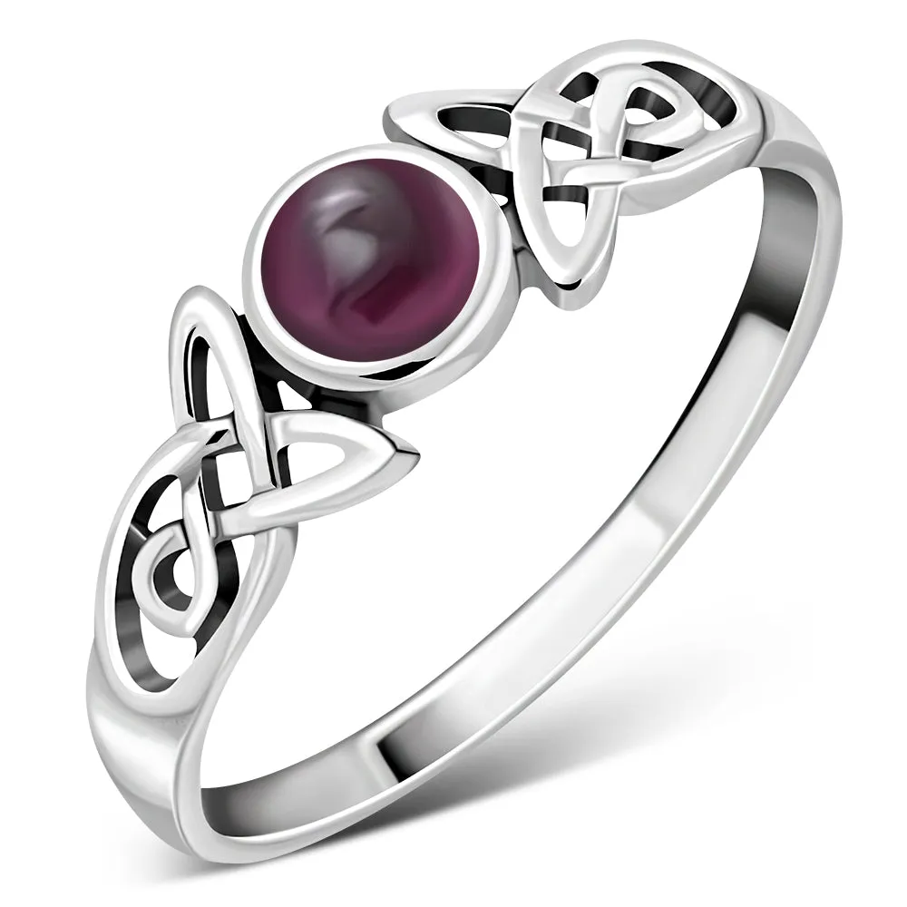 Garnet Stone Celtic Trinity Silver Ring