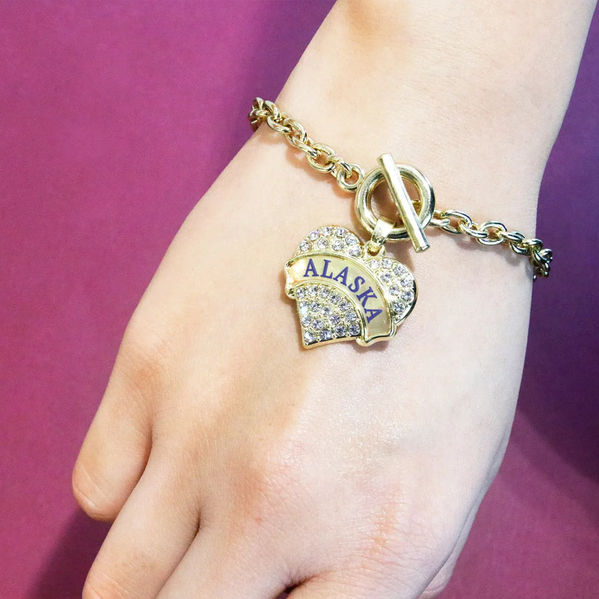 Gold Alaska Pave Heart Charm Toggle Bracelet