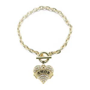 Gold Amor Pave Heart Charm Toggle Bracelet