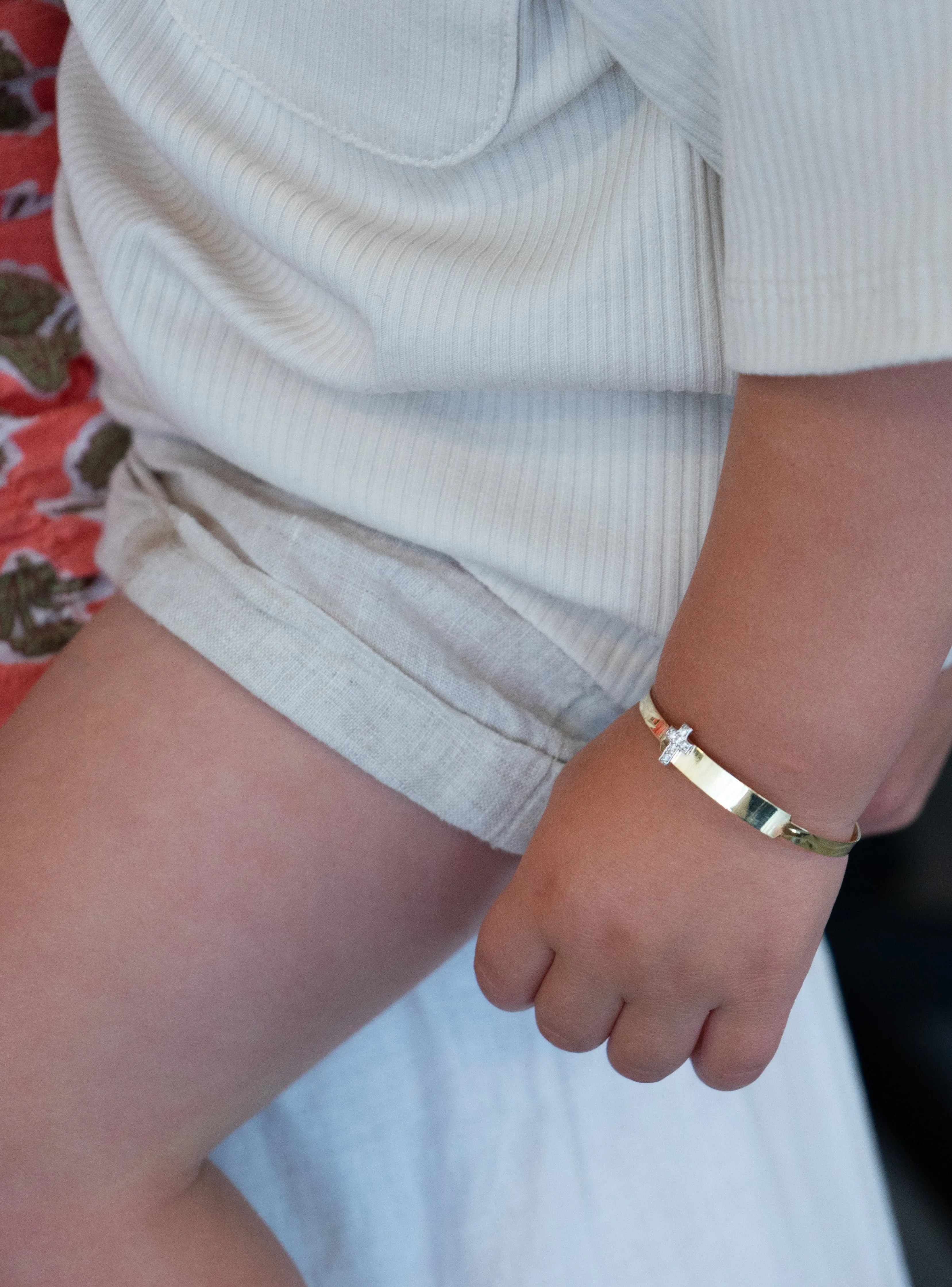 Gold Expandable Baby Bangle with CZ Cross