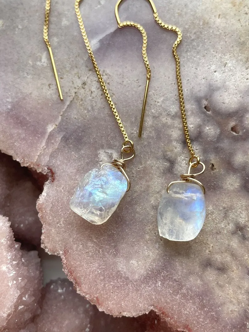 Gold Filled White Raw Crystal Rainbow Moonstone Threader Earrings