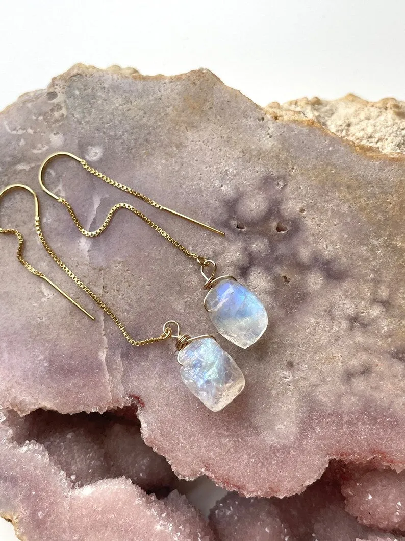 Gold Filled White Raw Crystal Rainbow Moonstone Threader Earrings