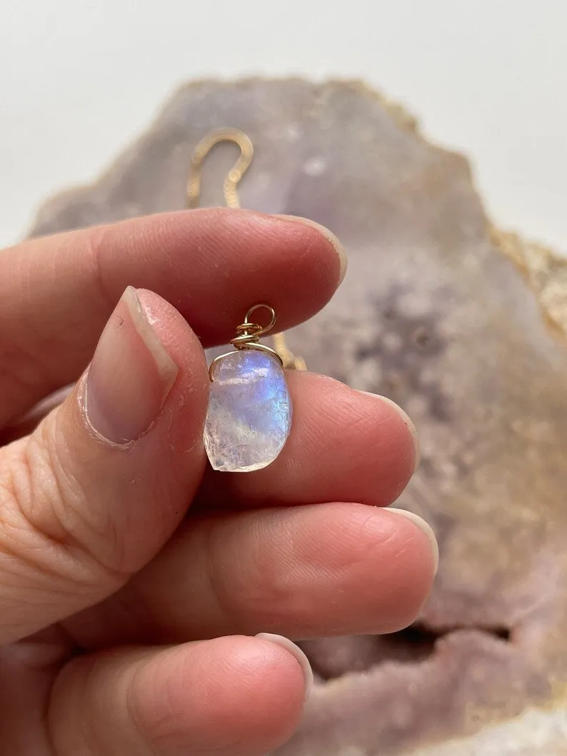 Gold Filled White Raw Crystal Rainbow Moonstone Threader Earrings