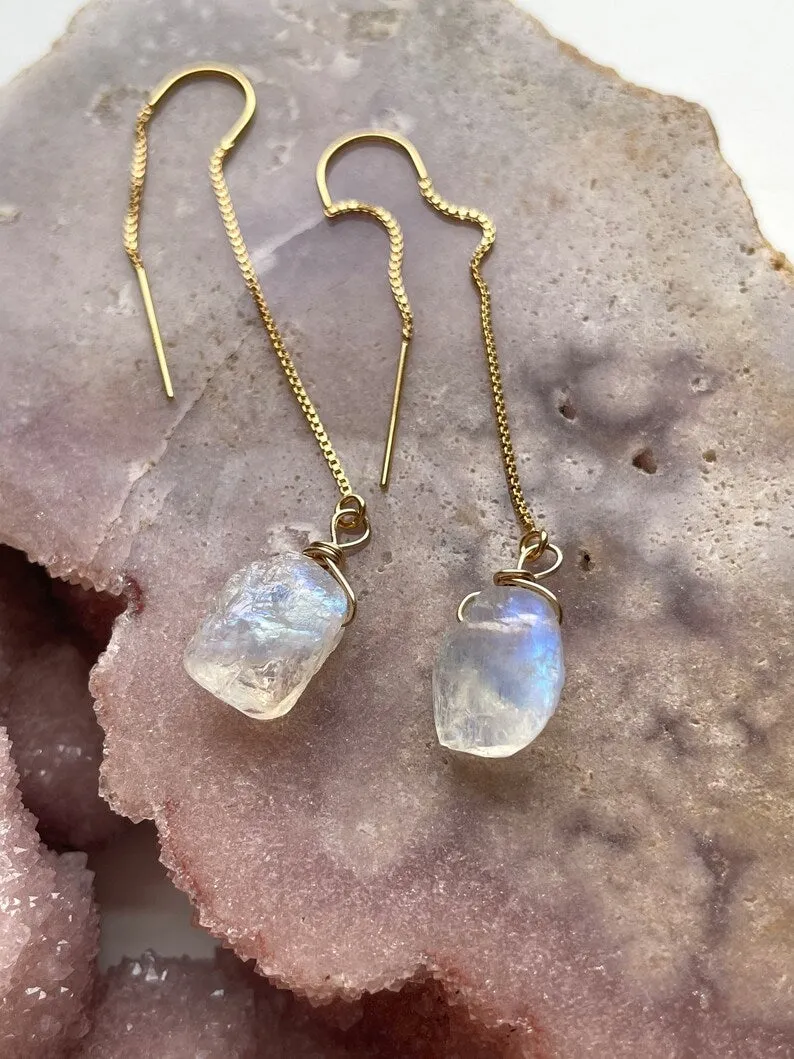 Gold Filled White Raw Crystal Rainbow Moonstone Threader Earrings