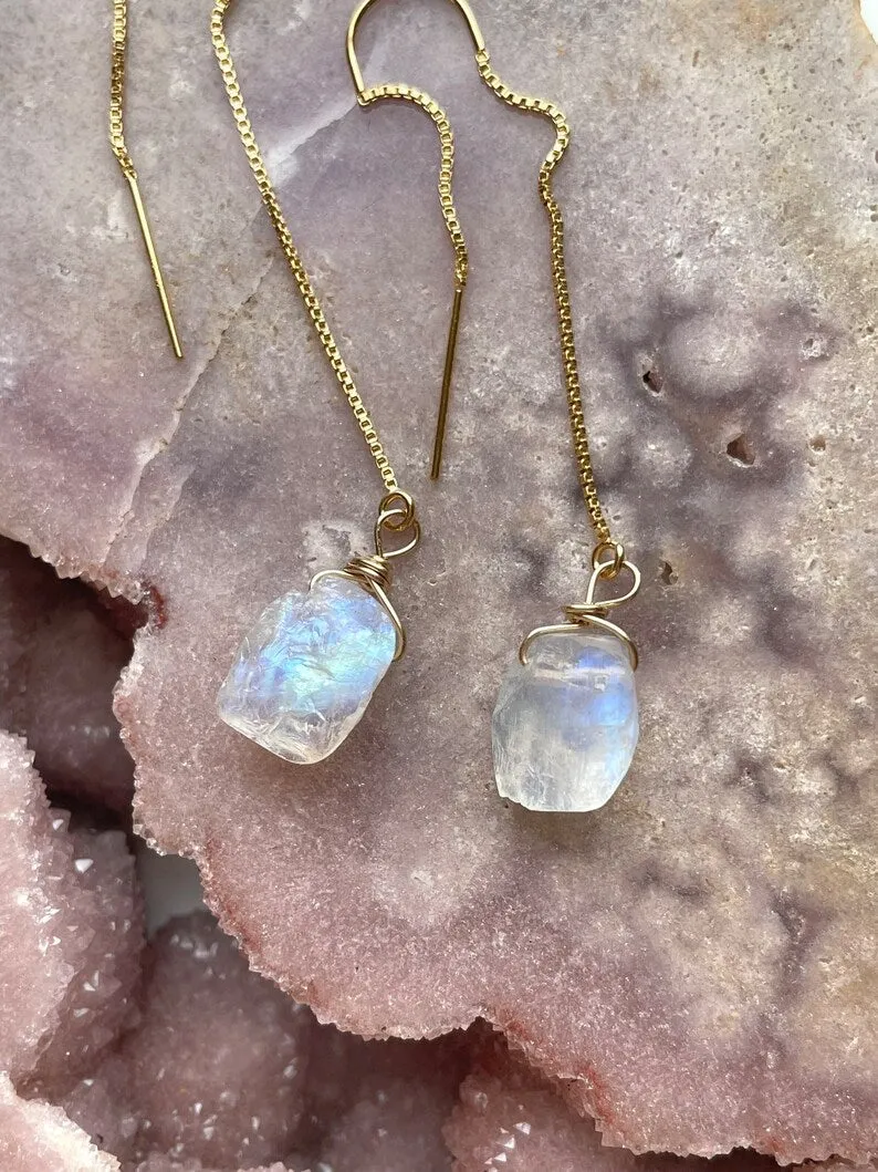 Gold Filled White Raw Crystal Rainbow Moonstone Threader Earrings