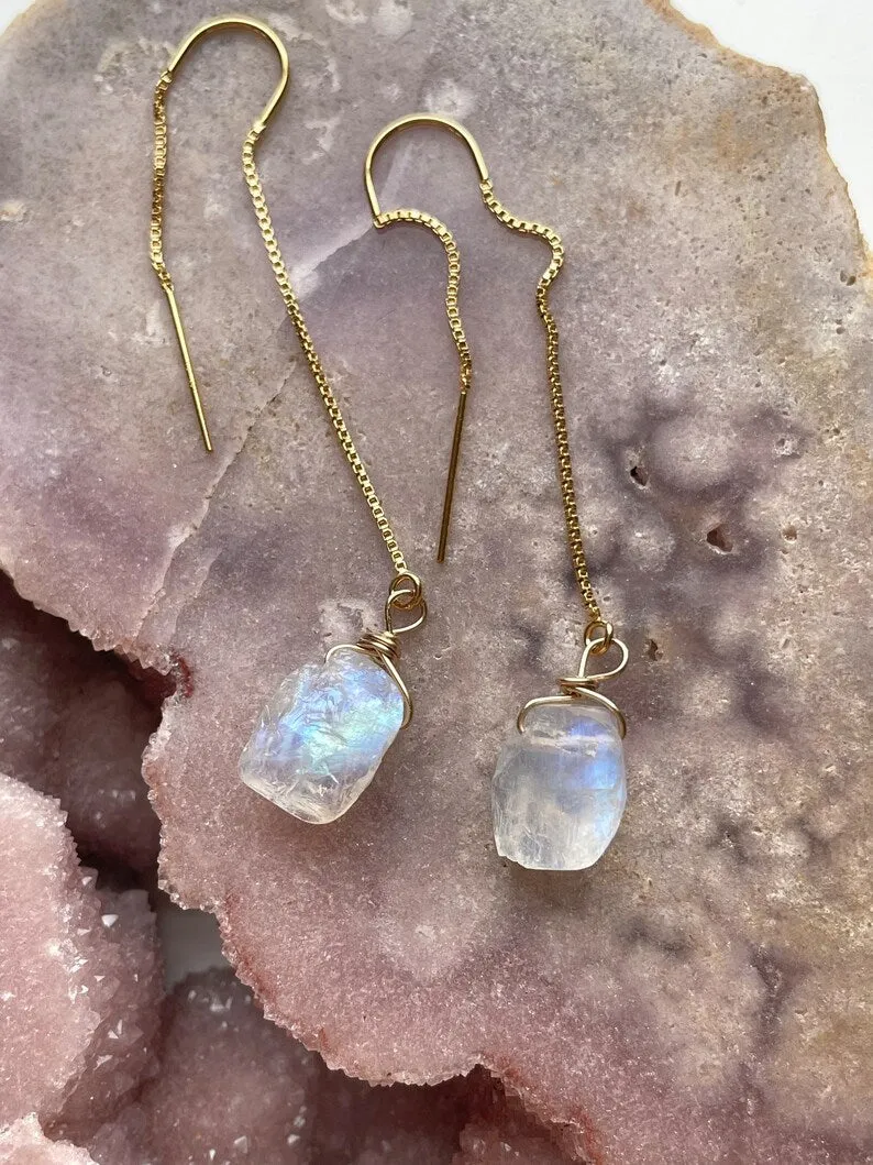 Gold Filled White Raw Crystal Rainbow Moonstone Threader Earrings