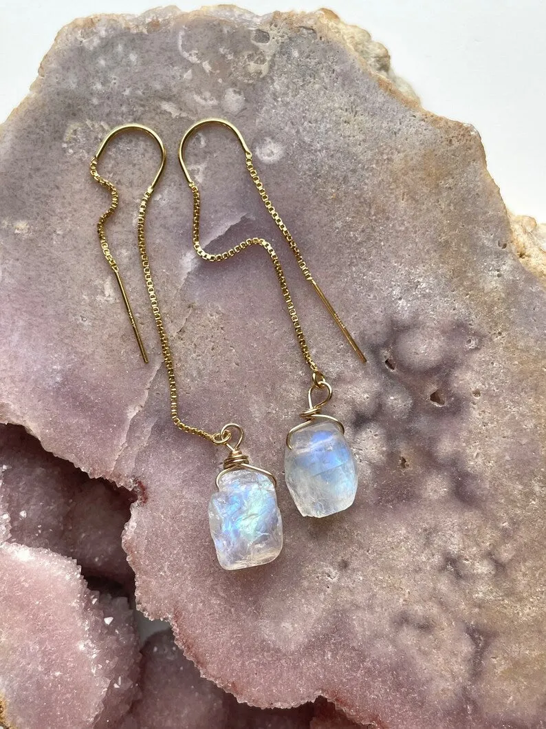 Gold Filled White Raw Crystal Rainbow Moonstone Threader Earrings