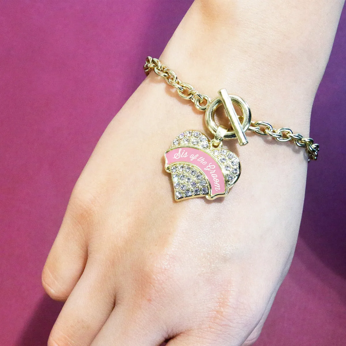 Gold Light Pink Sis of the Groom Pave Heart Charm Toggle Bracelet