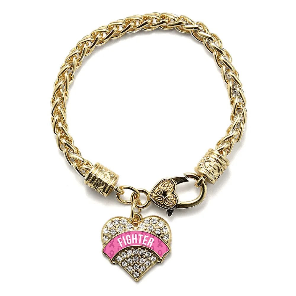 Gold Pink Fighter Pave Heart Charm Braided Bracelet