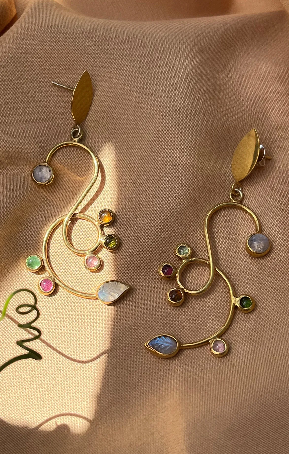 Gold Tourmaline & Moonstone Vine Drop Earrings