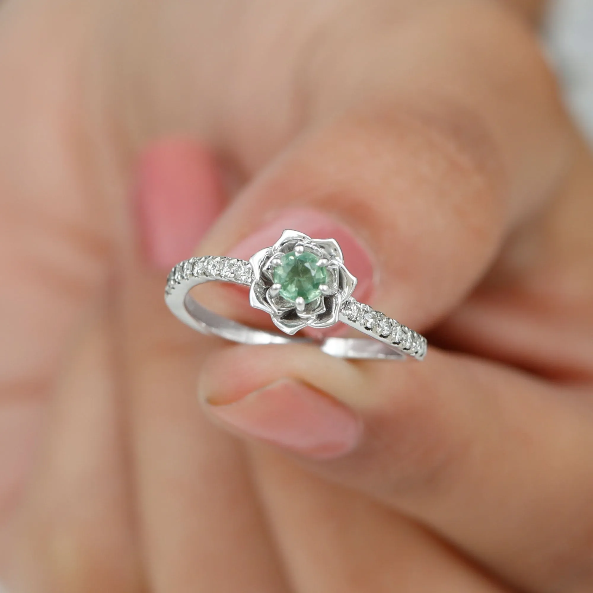 Green Sapphire and Diamond Flower Engagement Ring