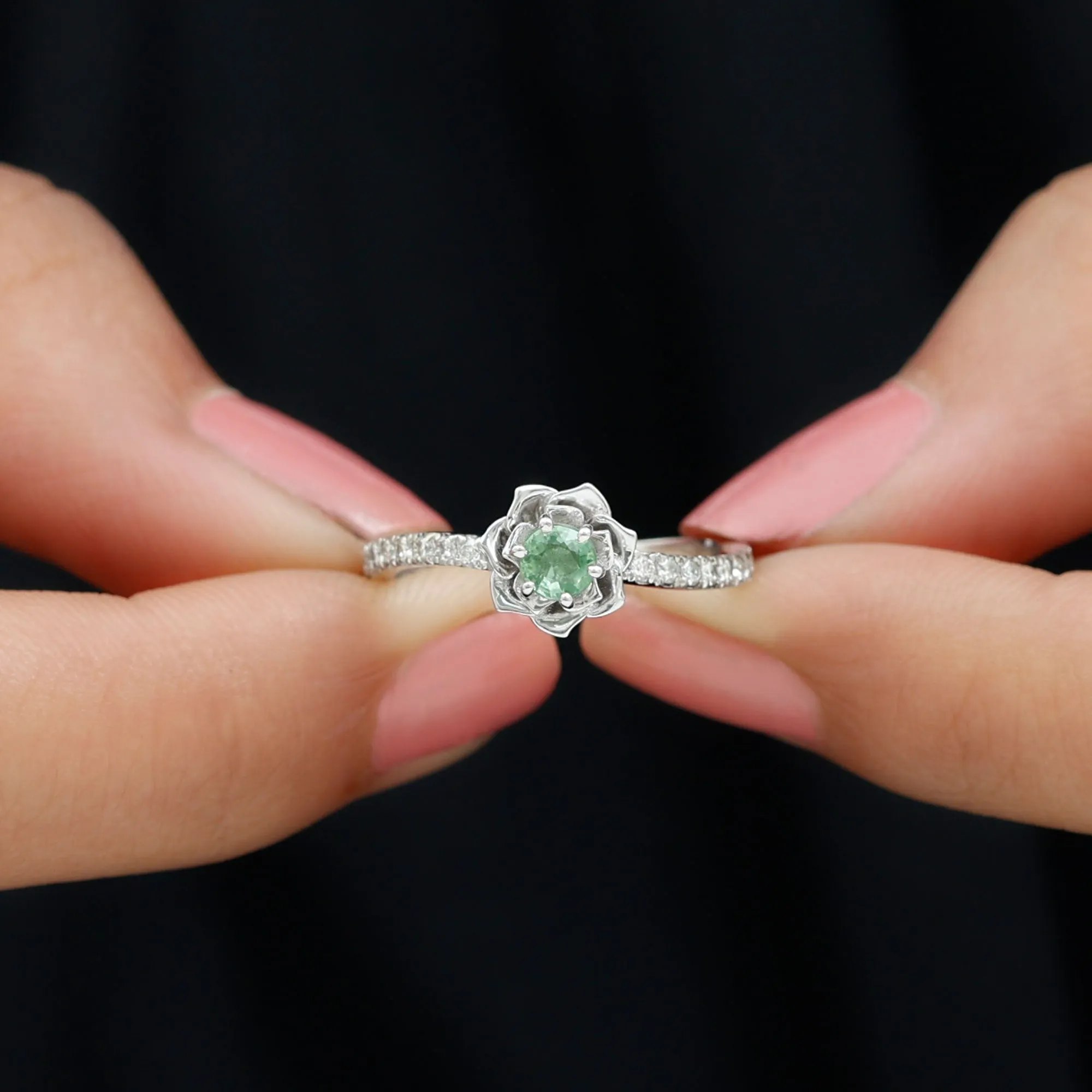 Green Sapphire and Diamond Flower Engagement Ring