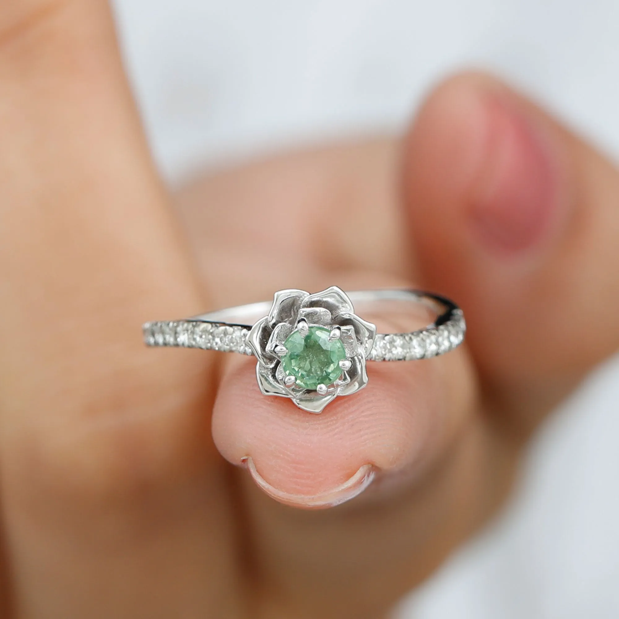 Green Sapphire and Diamond Flower Engagement Ring