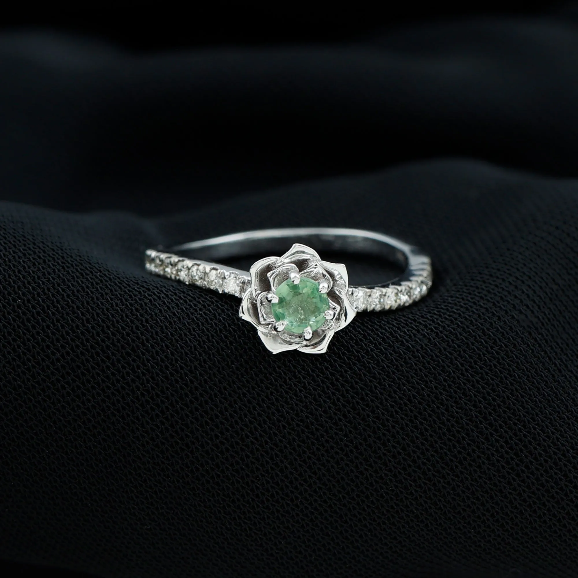 Green Sapphire and Diamond Flower Engagement Ring