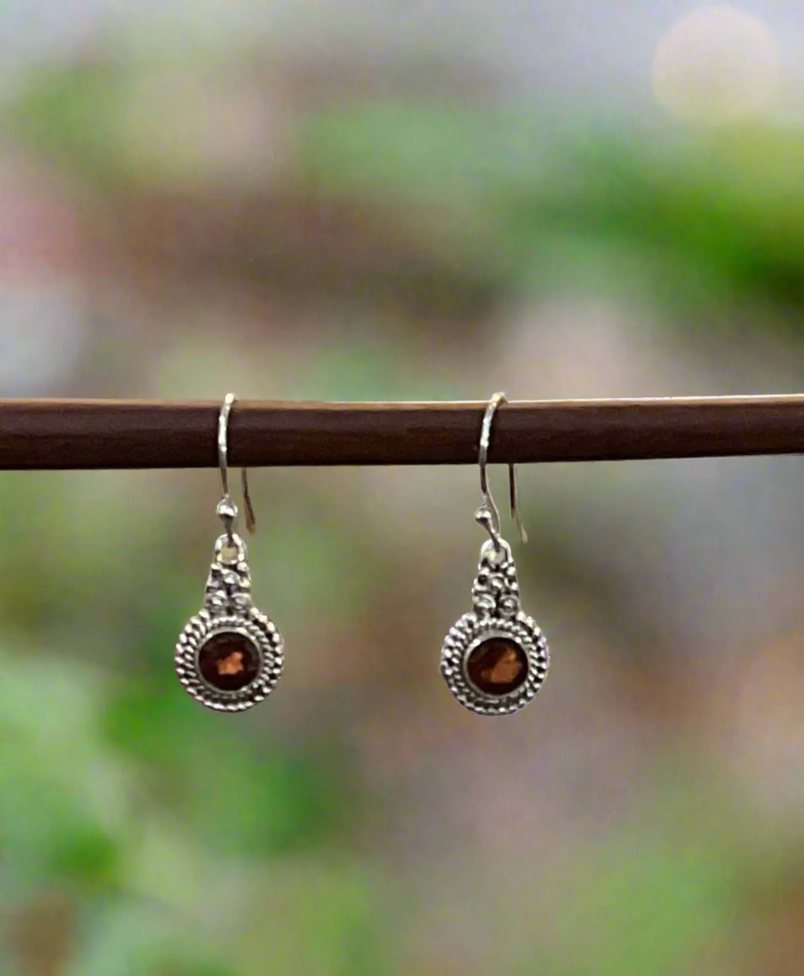 Hand Crafted Bali Style Garnet Earrings Set In Sterling Silver