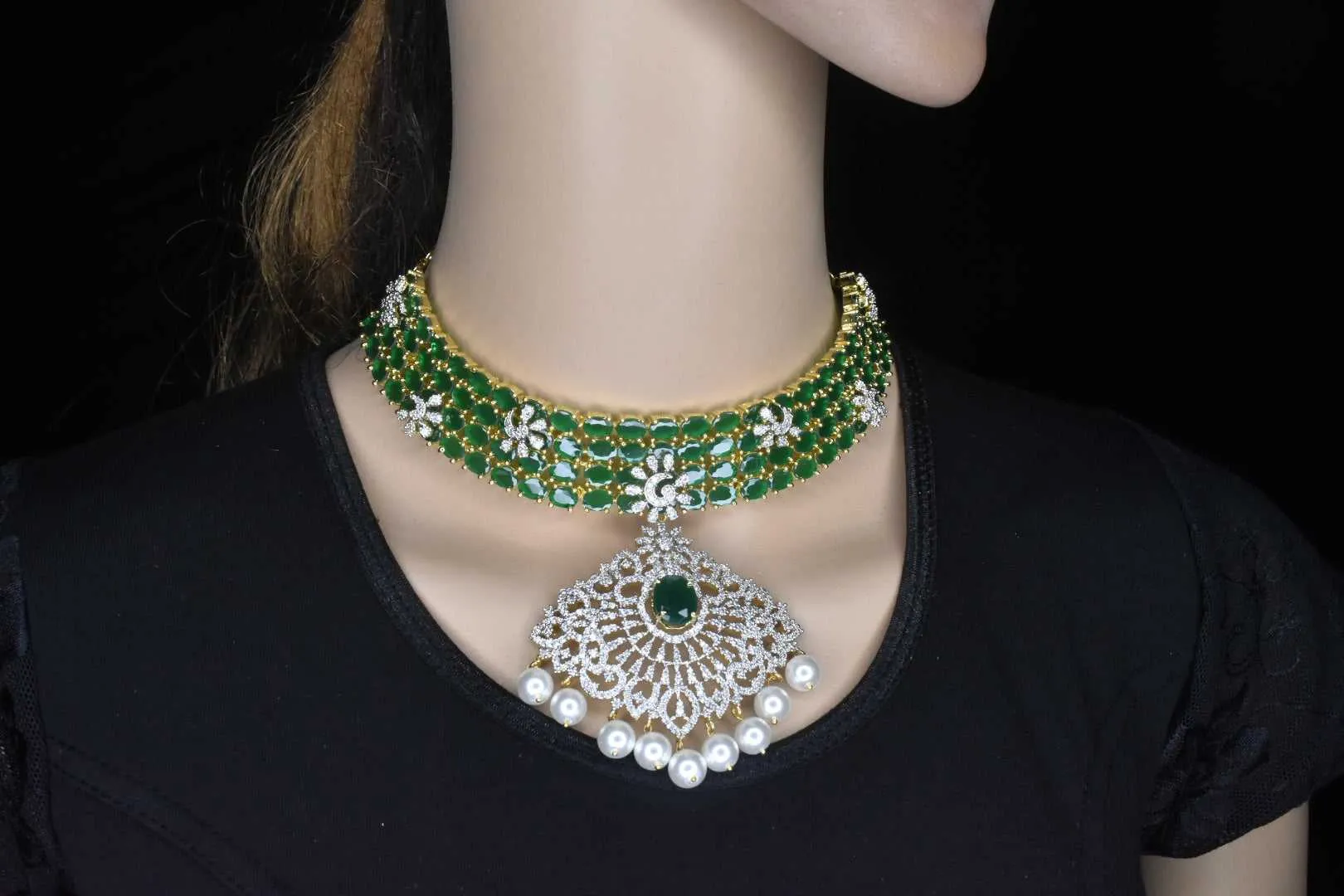 Heavily Studded Pearl And Emerald Choker Set