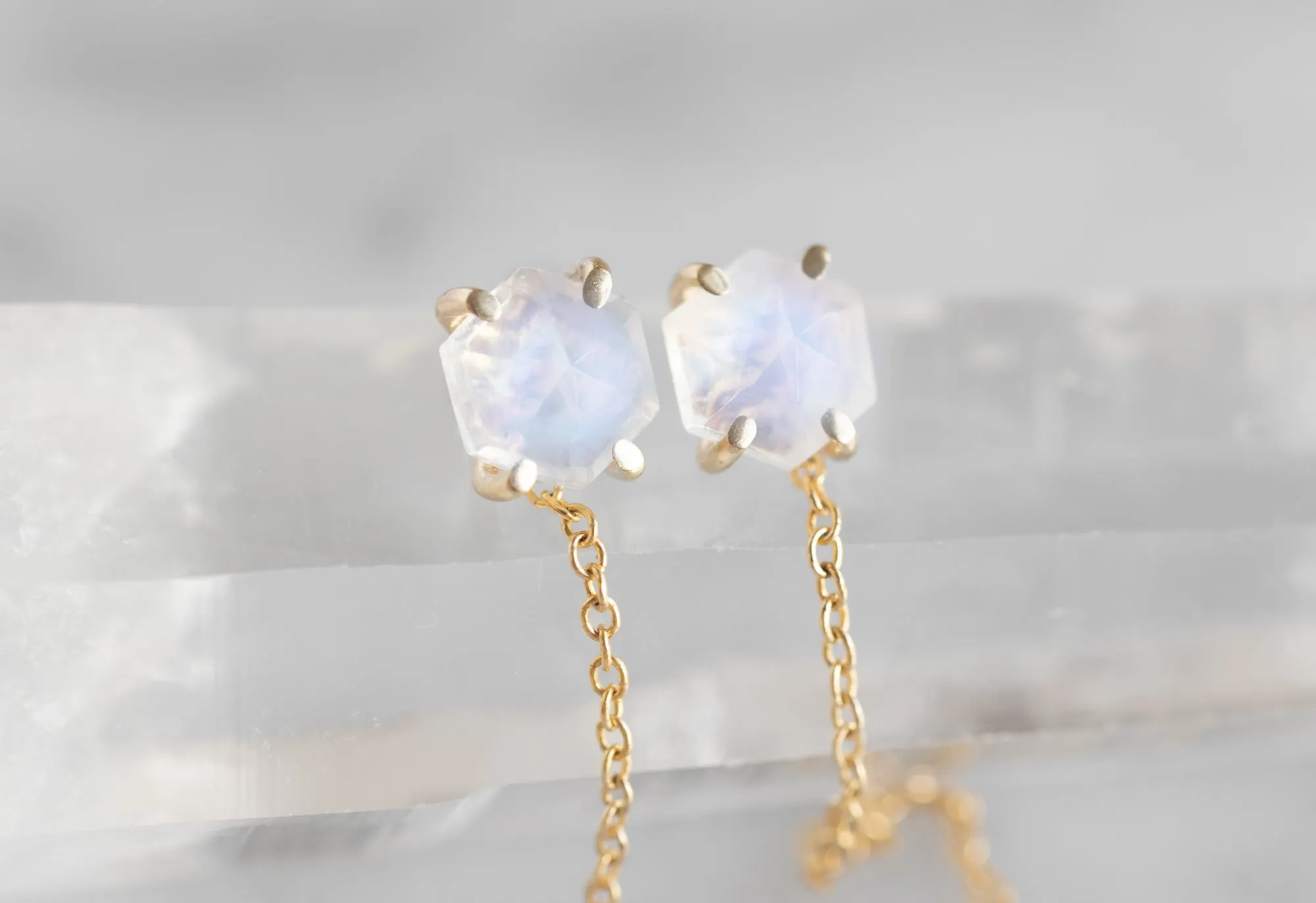 Hexagon Moonstone Thread Earrings