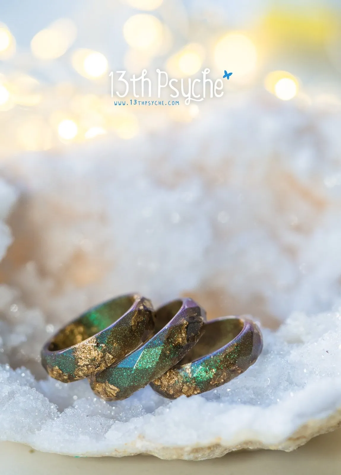 Iridescent green faceted resin ring with gold flakes